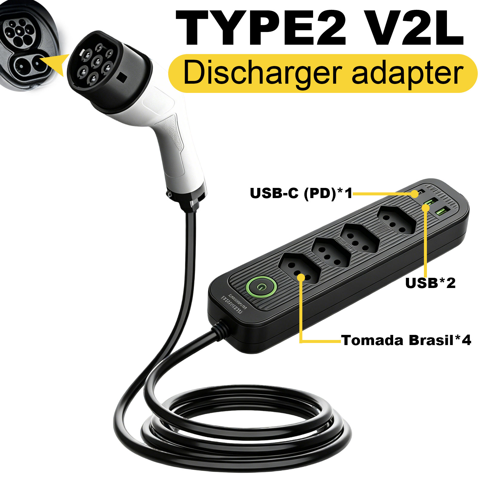 Outdoor Power Station - タイプ2 V2L放電アダプター 16A ブラジルソケット EVから屋外電源ステーションへ BYD